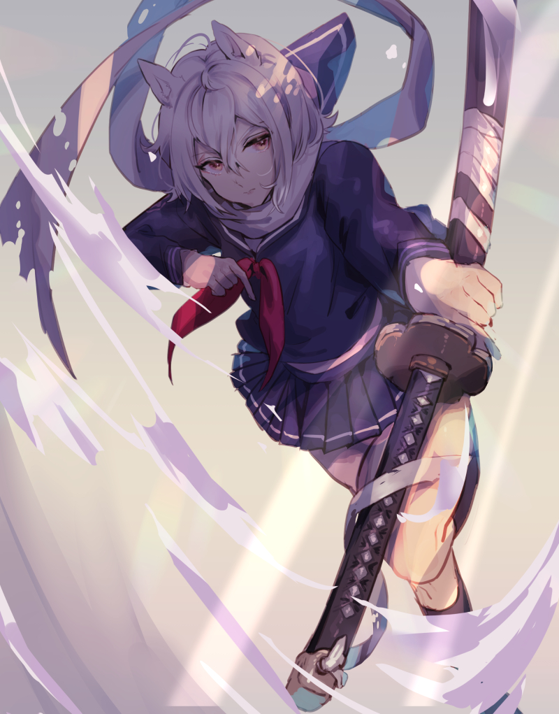 1girl, animal_ears, azur_lane, black_sweater, holding, holding_sword, holding_weapon, katana