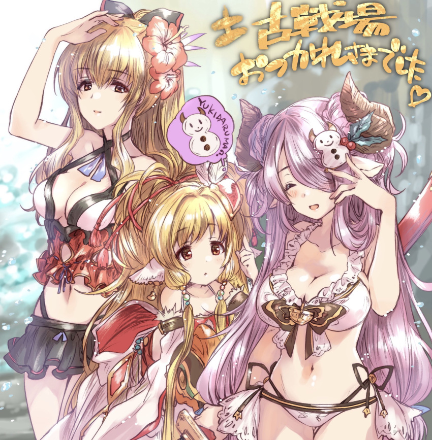 3girls, beads, bikini, bikini_skirt, black_bow, black_horns, blonde_hair, bow
