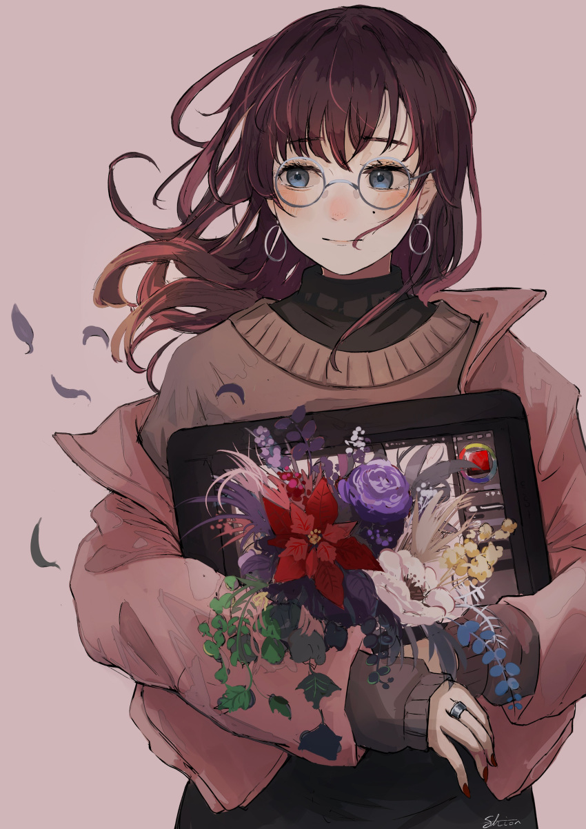 1girl, absurdres, artist_name, aster_drawing, bangs, blue_eyes, blush, bouquet, brown_hair, brown_jacket, brown_sweater, closed_mouth, drawing_tablet, expressionless, eyebrows_visible_through_hair, floating_hair, flower, flower_request, glasses, highres, holding, holding_bouquet, holding_tablet_pc, jacket, jewelry, long_hair, looking_to_the_side, mole, mole_under_eye, nail_polish, off-shoulder_jacket, original, purple_flower, ranunculus, red_flower, red_nails, ring, signature, solo, standing, sweater, tablet_pc, upper_body