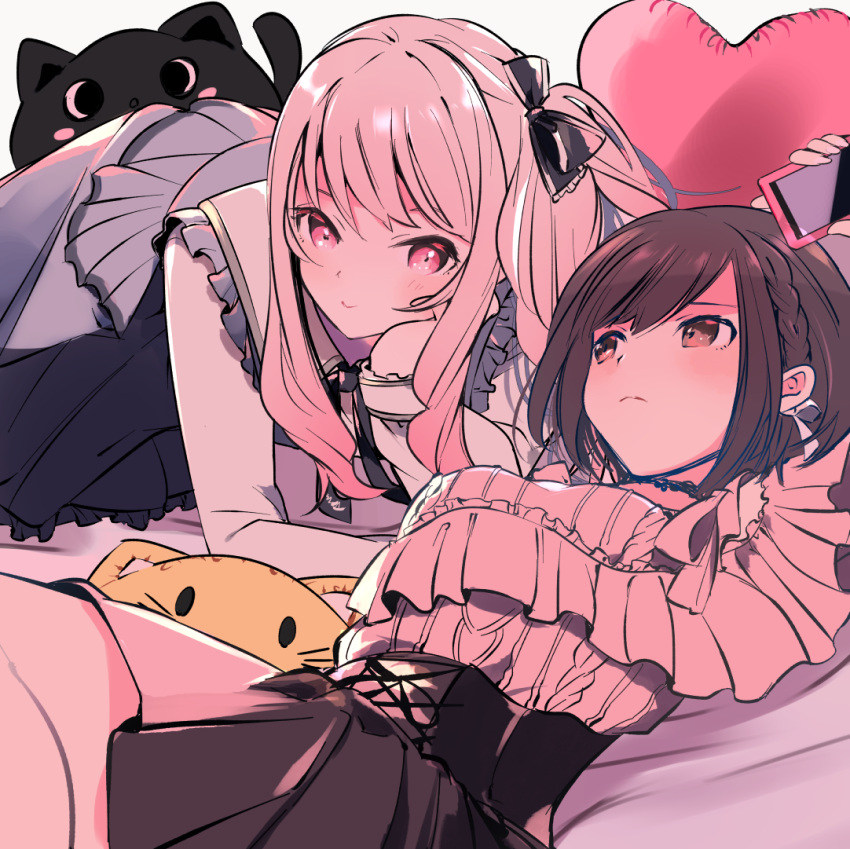 1girl, 1other, :t, akiyama_mizuki, ambiguous_gender, apron, arm_up, bare_legs, bed_sheet, black_bow, black_skirt, blue_apron, blush, bob_cut, bow, brown_hair, cat_pillow, commentary_request, dot_nose, feet_out_of_frame, frilled_shirt, frills, hair_bow, hand_on_own_chin, heart, heart_pillow, holding, holding_phone, long_sleeves, looking_at_another, lying, medium_hair, on_back, on_stomach, phone, pillow, pink_eyes, pink_hair, pink_shirt, pink_theme, pout, project_sekai, shinoda_mugi, shinonome_ena, shirt, short_hair, side_ponytail, sidelocks, skirt, smile, white_shirt