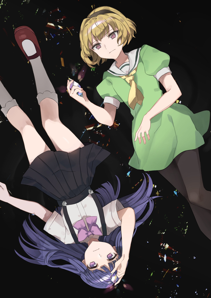 2girls, absurdres, arm_at_side, arm_up, bangs, black_background, black_hairband, black_legwear