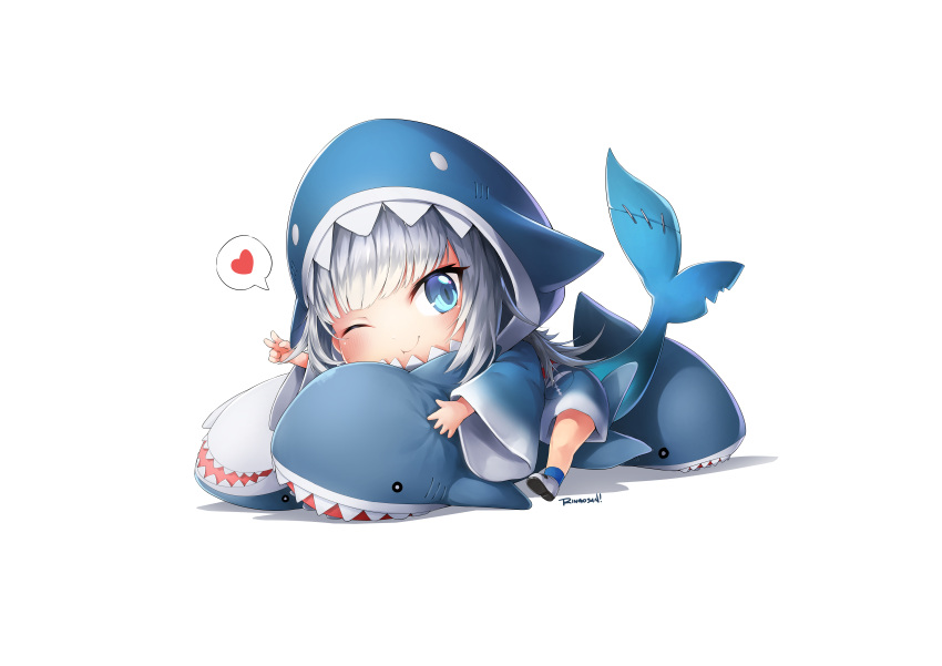 1girl, ;), absurdres, animal_costume, animal_hood, bangs, blue_eyes, blue_hoodie