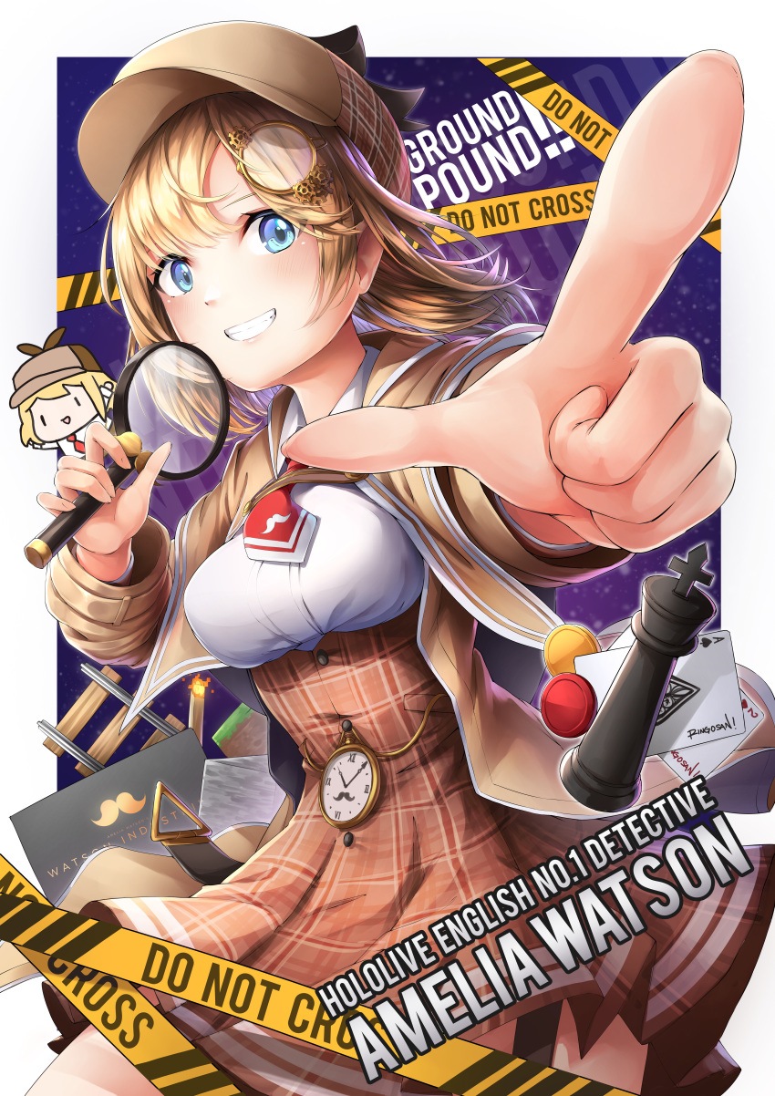 1girl, absurdres, bangs, blonde_hair, blue_eyes, breasts, brown_jacket, commentary_request