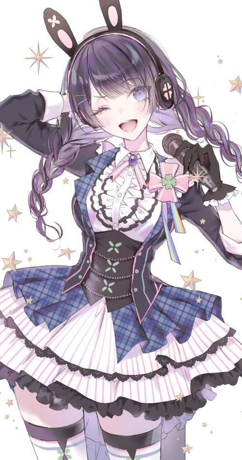 1girl, animal_ears, black_hair, braid, eyebrows_visible_through_hair, headphones, idol, idol_clothes