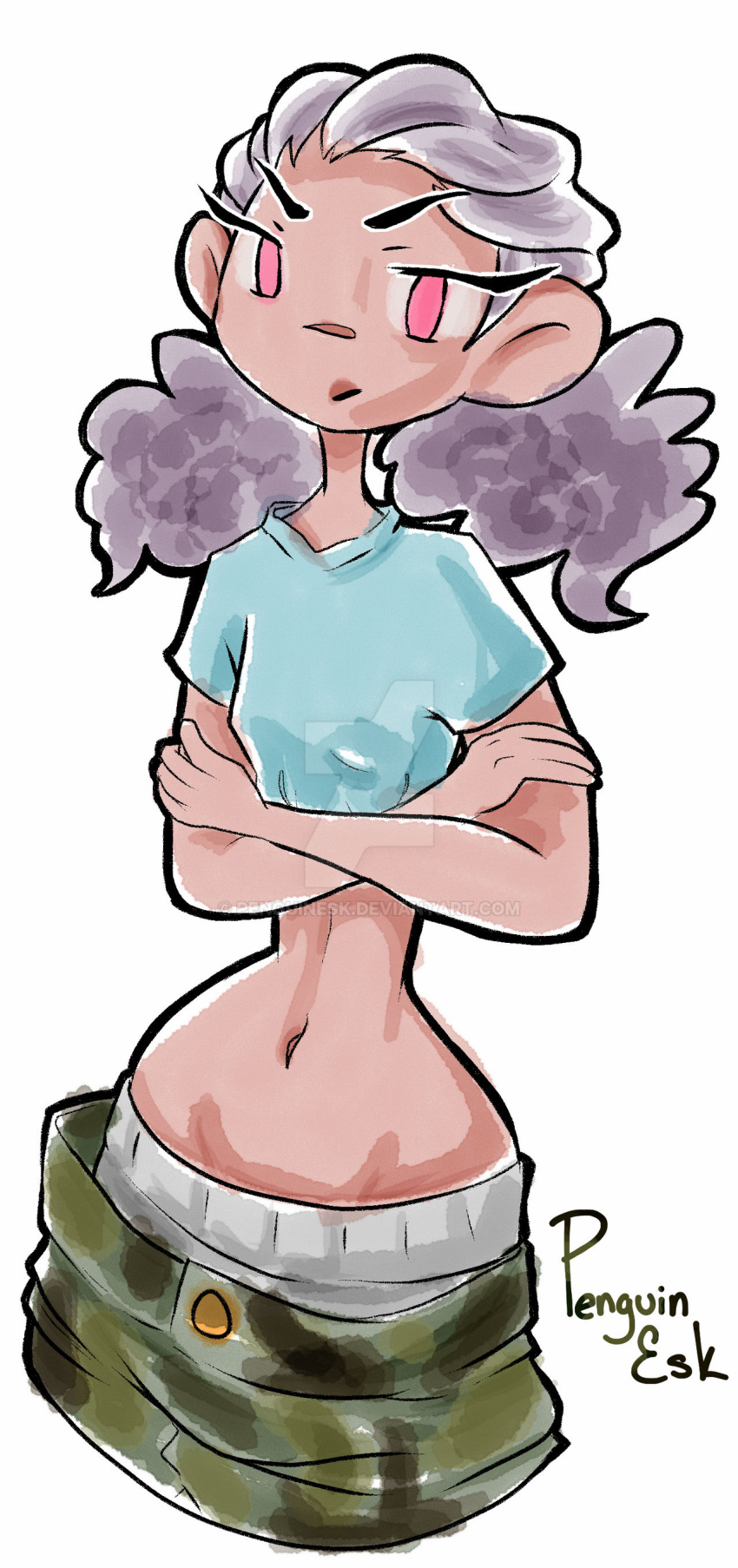 1girl, absurdres, artist_name, baggy_pants, blue_shirt, cargo_pants, crop_top, crossed_arms, dark_skin, dark-skinned_female, green_pants, highres, impossible_pants, loose_pants, lowleg, lowleg_pants, midriff, navel, original, pants, penguinesk, pink_eyes, purple_hair, sagging_pants, shirt, tomboy, traditional_media, underwear, watercolor_(medium), white_background