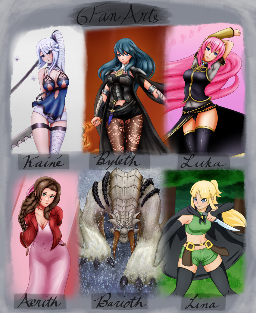 5girls, aerith_gainsborough, armor, armored_boots, armored_dress, arms_behind_back, artist_name, bag