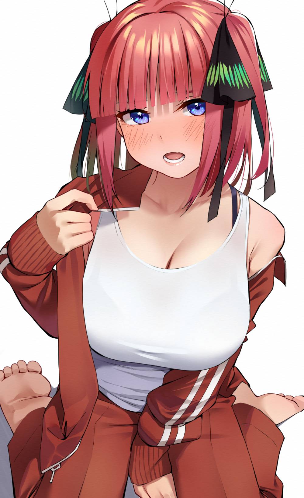 1girl, bangs, barefoot, between_legs, black_bra, black_ribbon, blue_eyes, blunt_bangs