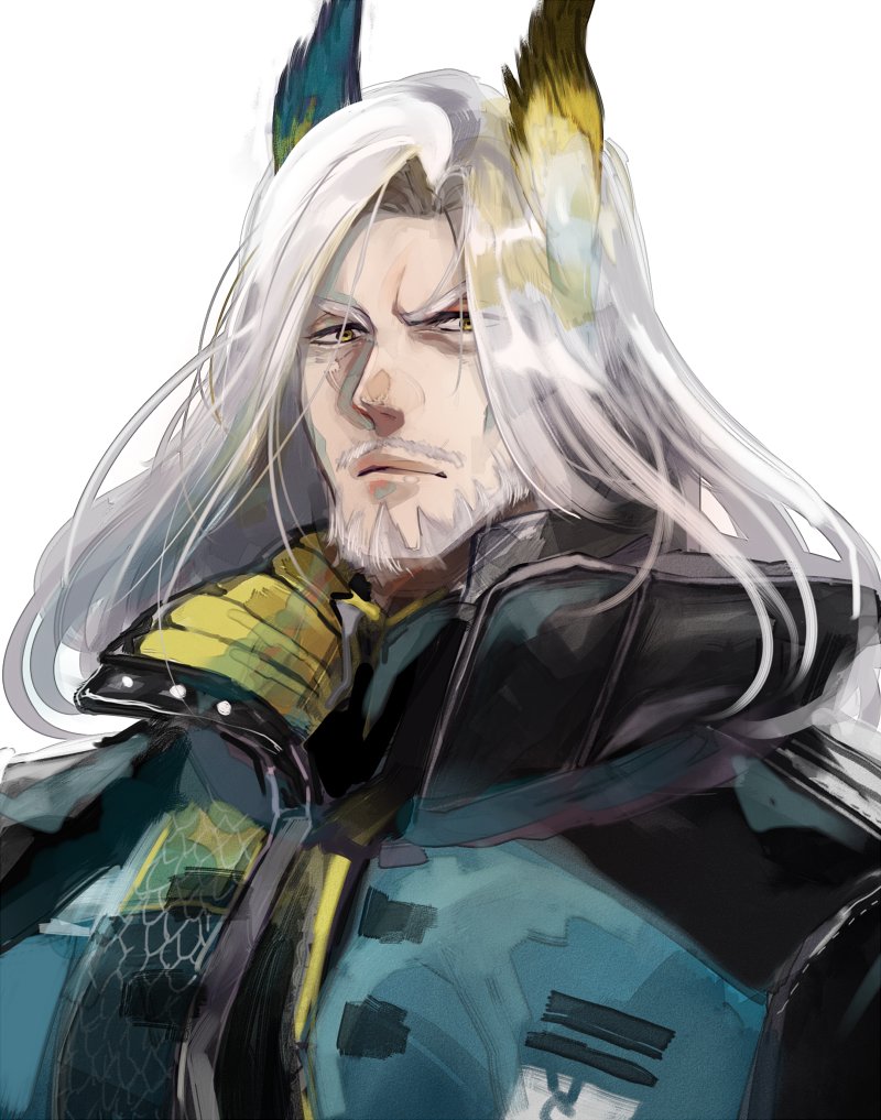 1boy, animal_ears, arknights, beard, facial_hair, hellagur_(arknights), jacket, long_hair, looking_at_viewer, male_focus, mustache, ohayashi55, simple_background, solo, upper_body, white_background, white_hair
