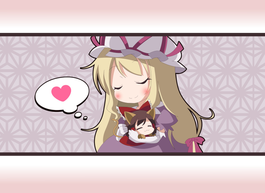 :3, =_=, animal_ears, asa_no_ha_(pattern), blonde_hair, blush, bow, brown_hair, gradient, gradient_background, hair_bow, hakurei_reimu, heart, highres, iosys, japanese_clothes, kemonomimi_mode, miko, multiple_girls, no_nose, tail, takenoko, thought_bubble, touhou, yakumo_yukari