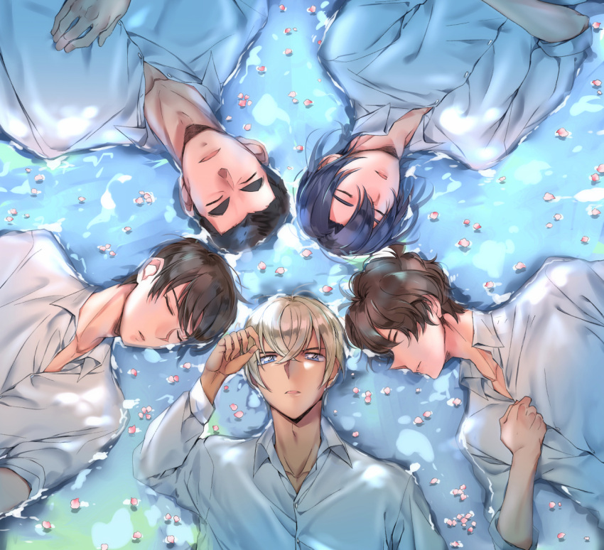 5boys, amuro_tooru, bangs, black_hair, blonde_hair, blue_eyes, brown_hair, buttons