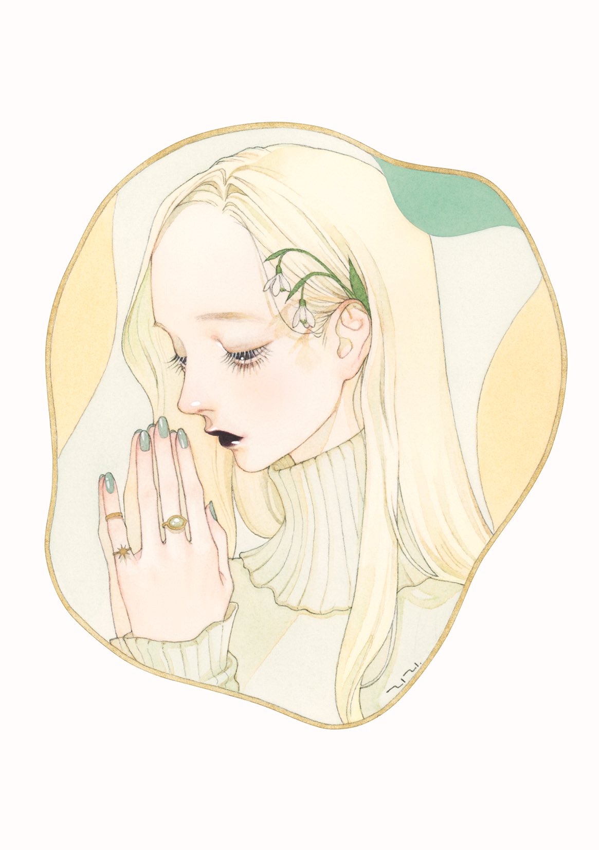 1girl, black_eyes, black_lipstick, blonde_hair, flower, green_nails, half-closed_eyes, hands_up
