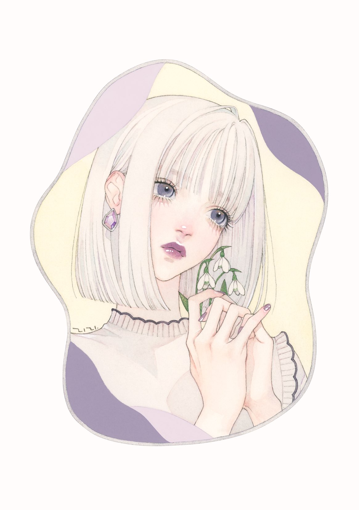 1girl, bangs, earrings, flower, grey_eyes, hands_up, highres, jewelry
