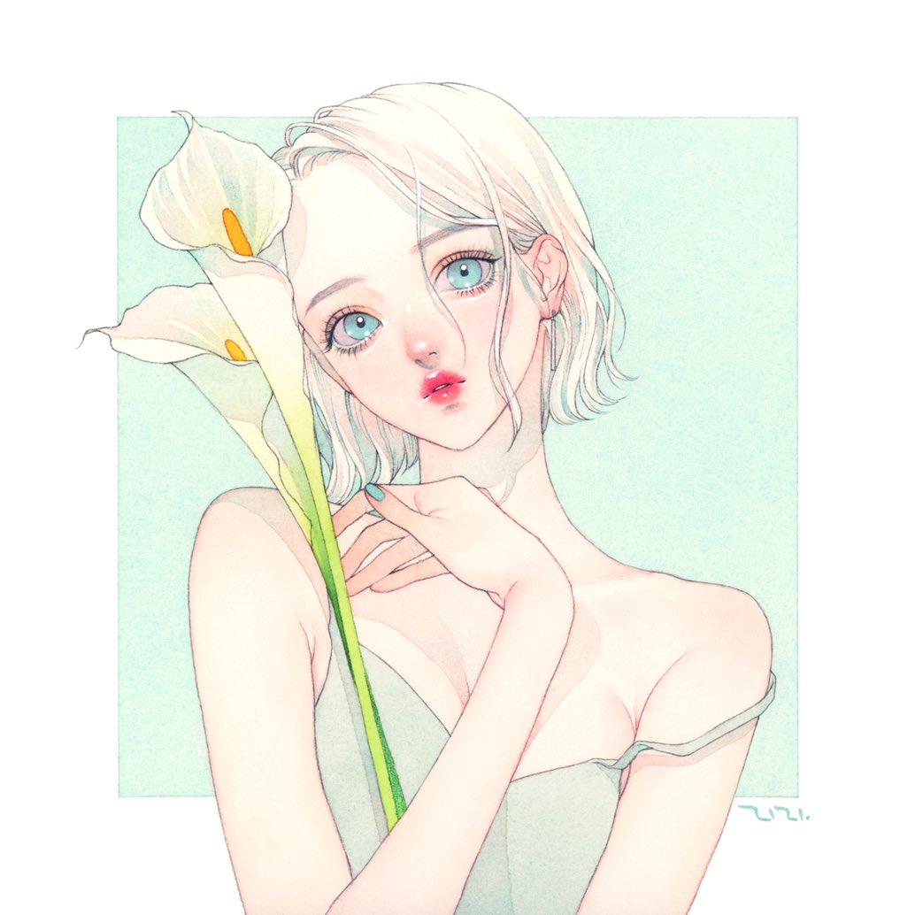 1girl, aqua_eyes, aqua_nails, bare_shoulders, calla_lily, flower, holding, holding_flower