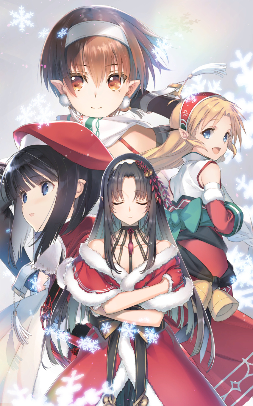4girls, bare_shoulders, bell, black_hair, blonde_hair, blue_eyes, brown_eyes, brown_hair, choker, earrings, hat, headband, highres, jewelry, kashiwagi_azusa, kashiwagi_chizuru, kashiwagi_hatsune, kashiwagi_kaede, kawata_hisashi, kizuato, long_hair, mitsumi_misato, multiple_girls, nakamura_takeshi, official_art, pointy_ears, santa_costume, scarf, short_hair, snowflakes, tatami_to_hinoki, utawarerumono, utawarerumono:_lost_flag