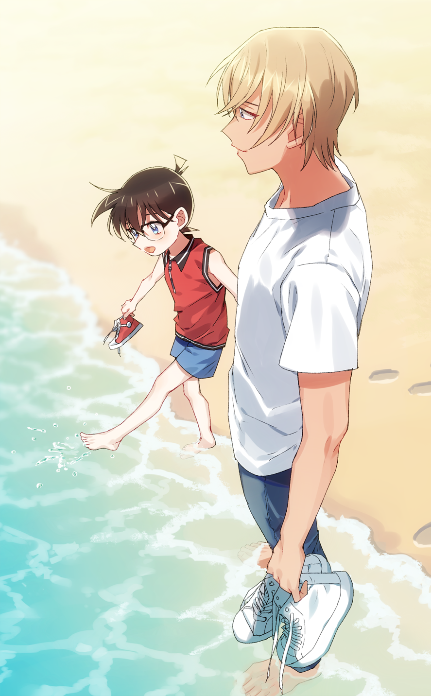 2boys, :d, amuro_tooru, bangs, barefoot, beach, black-framed_eyewear, blonde_hair