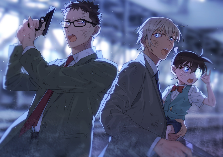 3boys, amuro_tooru, bangs, black-framed_eyewear, black_hair, blonde_hair, blue_eyes, blue_neckwear