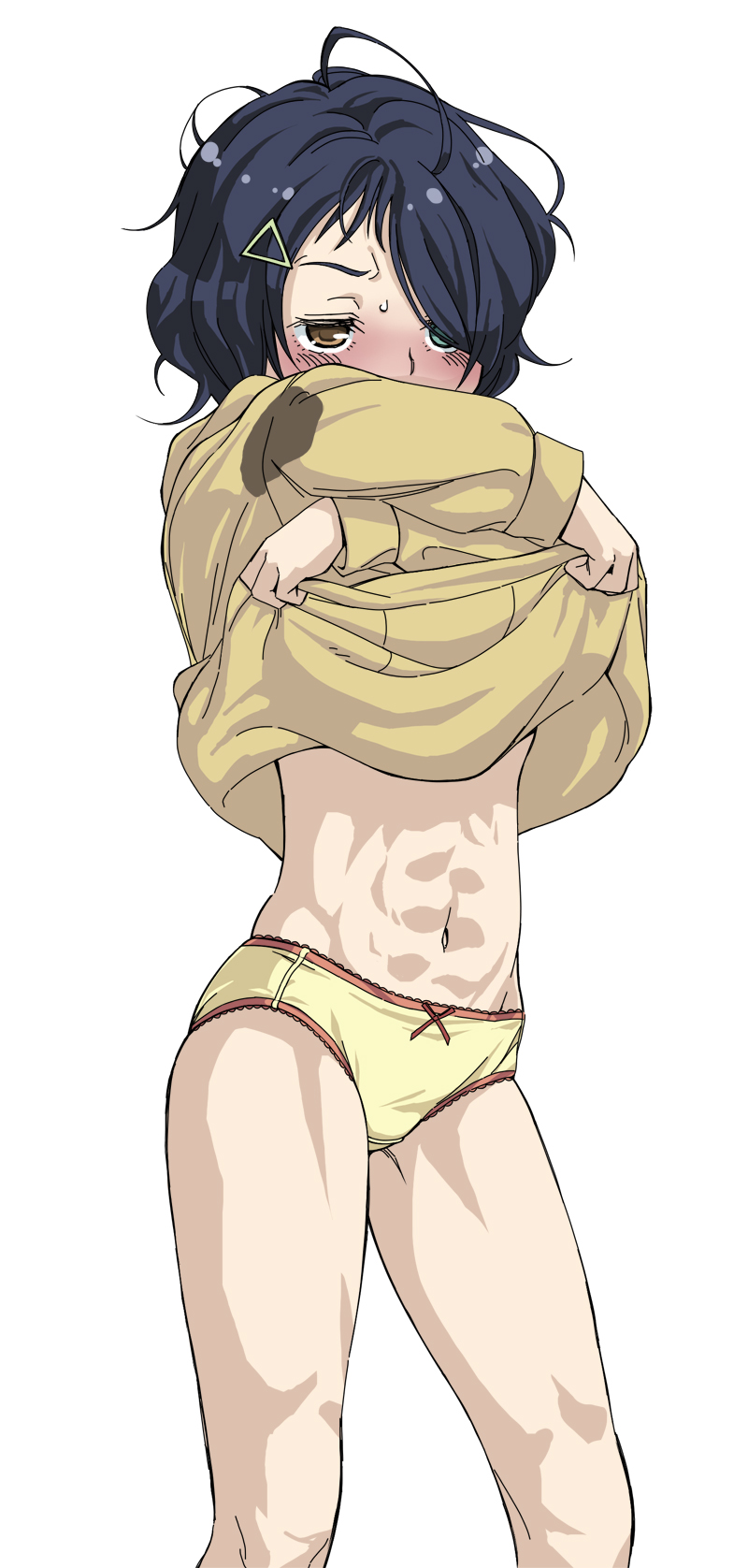 1girl, abs, ahoge, alternate_eye_color, aqua_eyes, bare_legs, blush, brown_eyes