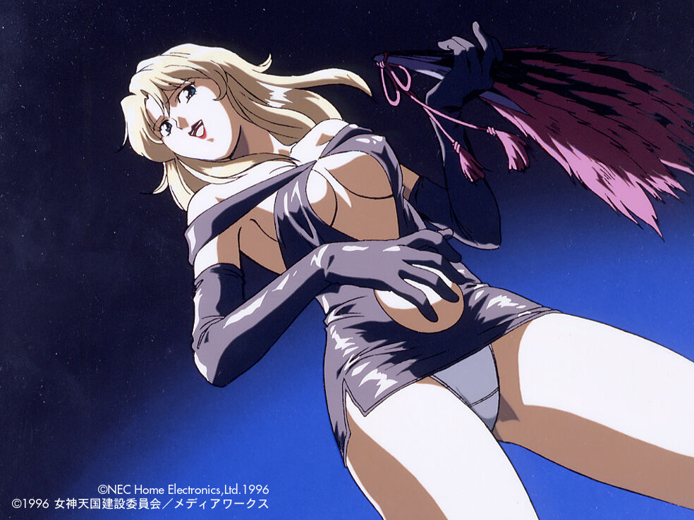 1girl, blonde_hair, elbow_gloves, gloves, holding, long_hair, maharaja_(megami_paradise), megami_paradise, official_art, panties, solo, underwear, white_panties, yamauchi_noriyasu
