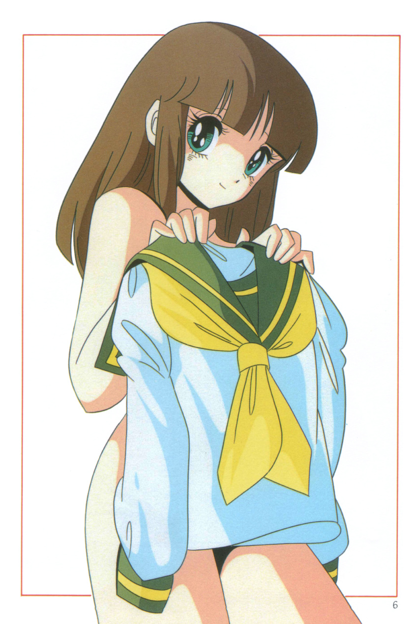 1980s_(style), 1girl, absurdres, aqua_eyes, bangs, brown_hair, cream_lemon, escalation, framed_image, highres, holding, holding_clothes, holding_shirt, long_hair, looking_at_viewer, official_art, retro_artstyle, scan, shirt, smile, solo