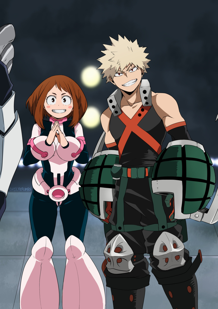 1boy, 1girl, absurdres, artist_name, bakugou_katsuki, bangs, bare_shoulders, blonde_hair