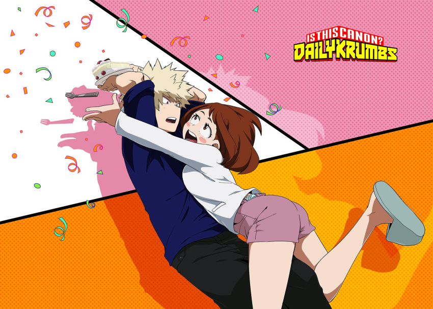 1boy, 1girl, arms_up, artist_name, bakugou_katsuki, black_pants, blonde_hair, blush_stickers