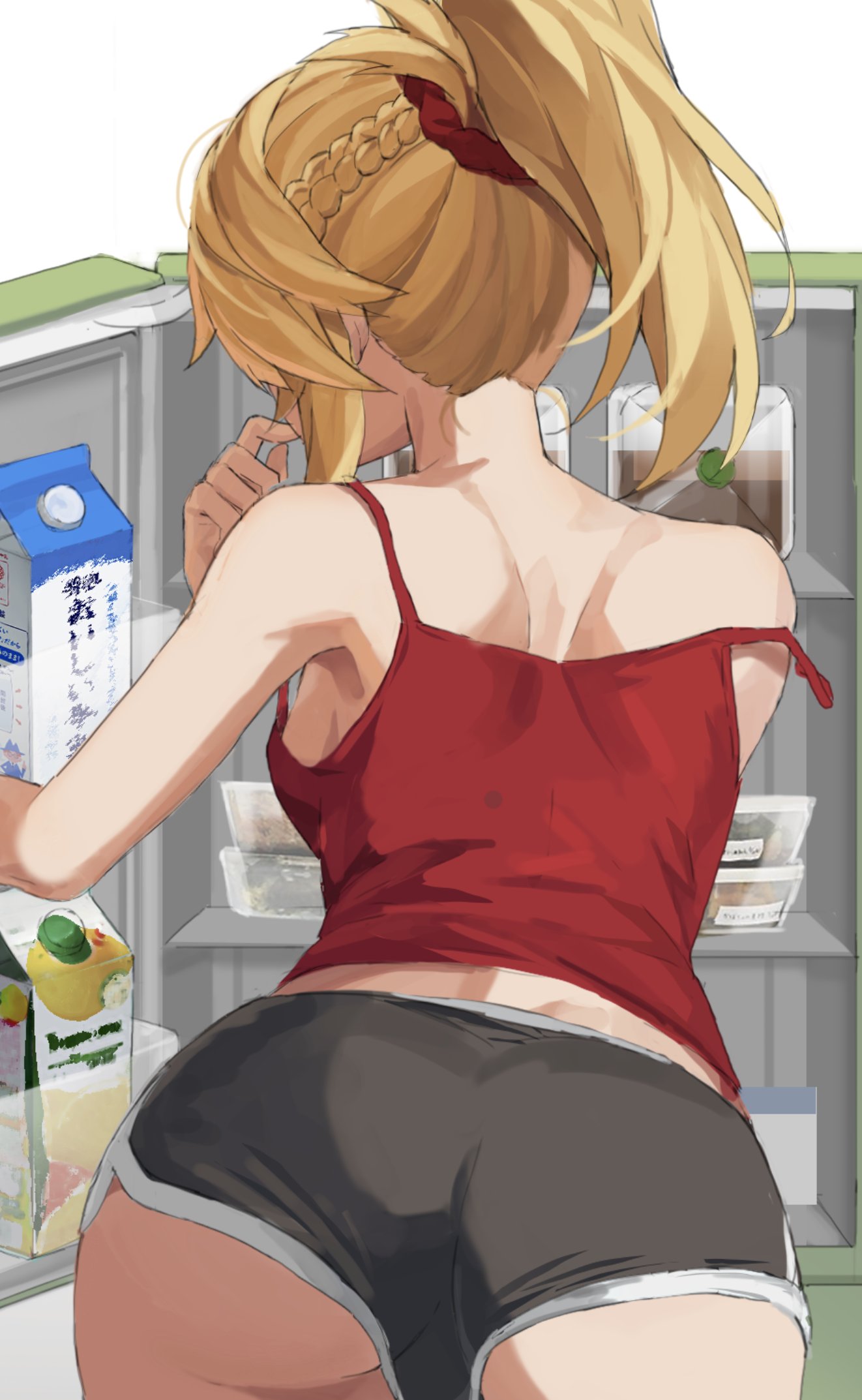 1girl, ass, back, bare_shoulders, blonde_hair, braid, breasts, camisole
