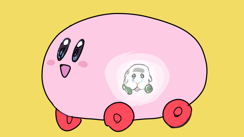 absurdres, black_eyes, blue_eyes, blush, blush_stickers, crying, full_body, happy, highres, kirby, kirby_(series), molcar, nintendo, no_humans, open_mouth, pui_pui_molcar, sattou, shiromo_(pui_pui_molcar), simple_background, sketch, smile, tears, vore, x-ray, yellow_background