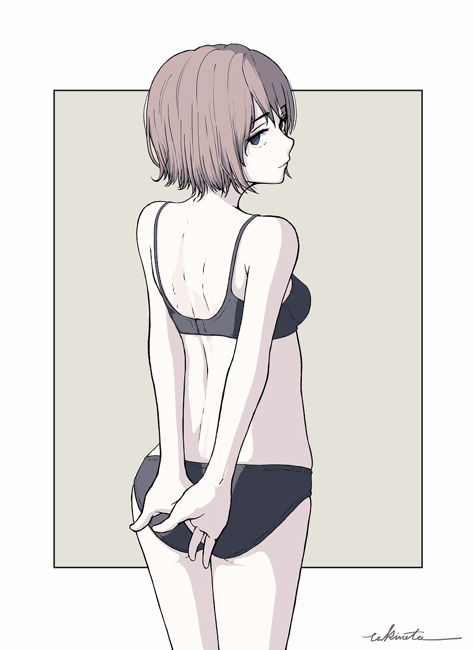 1girl, arms_behind_back, back, bra, brown_hair, cowboy_shot, expressionless, highres