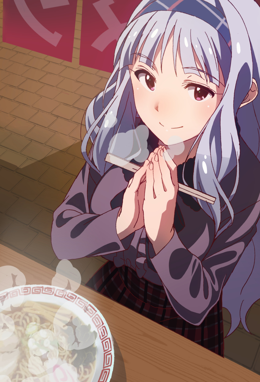1girl, absurdres, bowl, chopsticks, eyebrows_visible_through_hair, food, hairband, hands_together