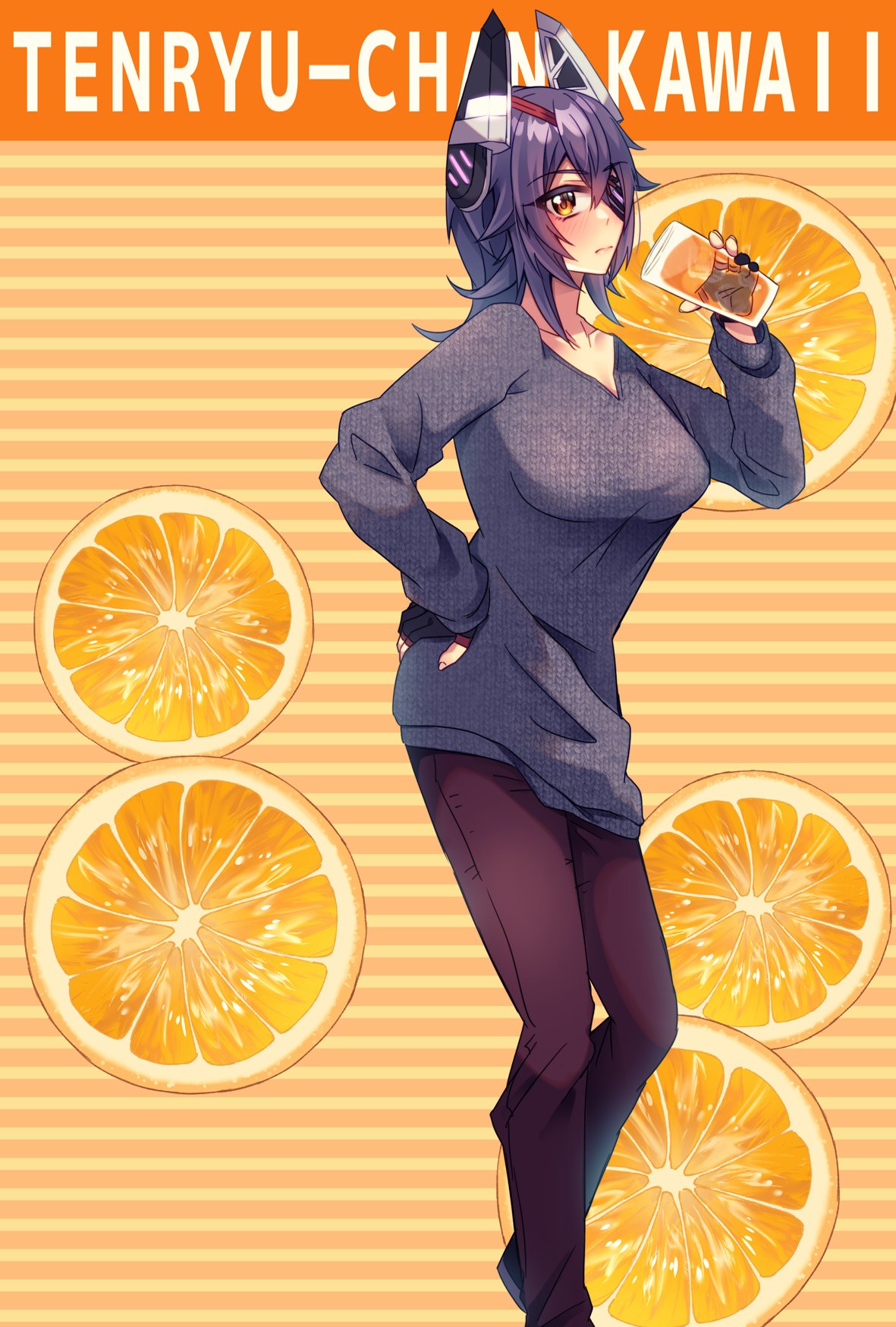1girl, alternate_costume, black_footwear, breasts, brown_pants, cup, drink, drinking_glass