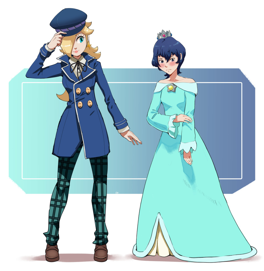 2girls, absurdres, aqua_dress, aqua_eyes, blonde_hair, blue_coat, blue_eyes, blue_hair