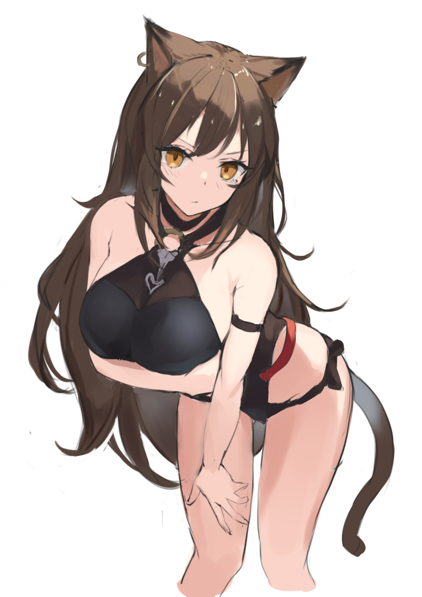 1girl, :/, animal_ears, arknights, arm_under_breasts, bare_shoulders, black_leotard, brown_eyes