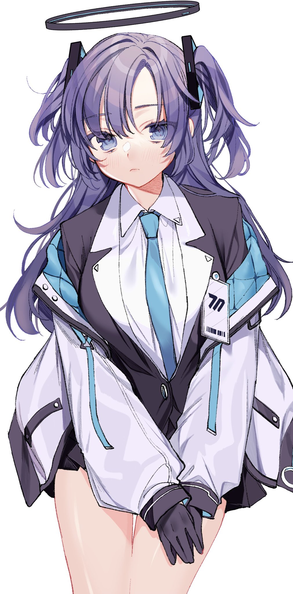1girl, bangs, black_gloves, black_skirt, blazer, blue_archive, blue_eyes, blue_neckwear