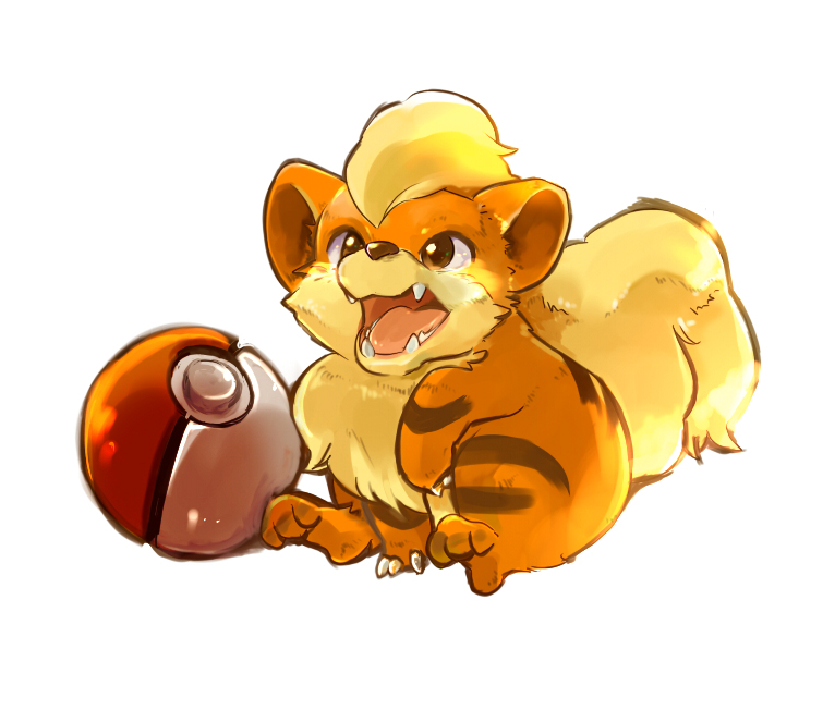 fangs, growlithe, menokurage, no_humans, poke_ball, pokemon, pokemon_(creature), simple_background