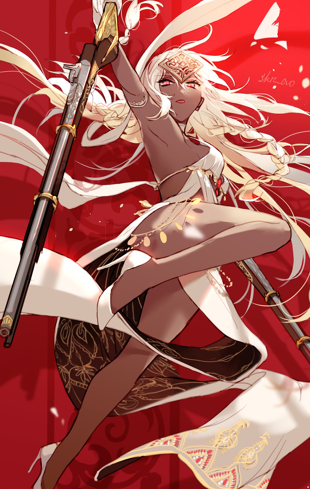 1girl, braid, dark_skin, dark-skinned_female, dress, fate/grand_order, fate_(series), gun