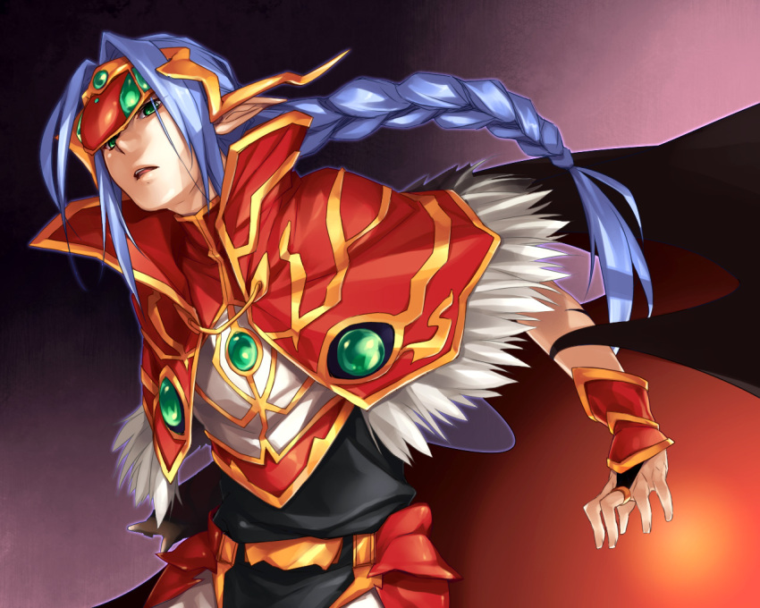 1boy, black_wings, blue_hair, braid, braided_ponytail, bridal_gauntlets, capelet, commentary_request