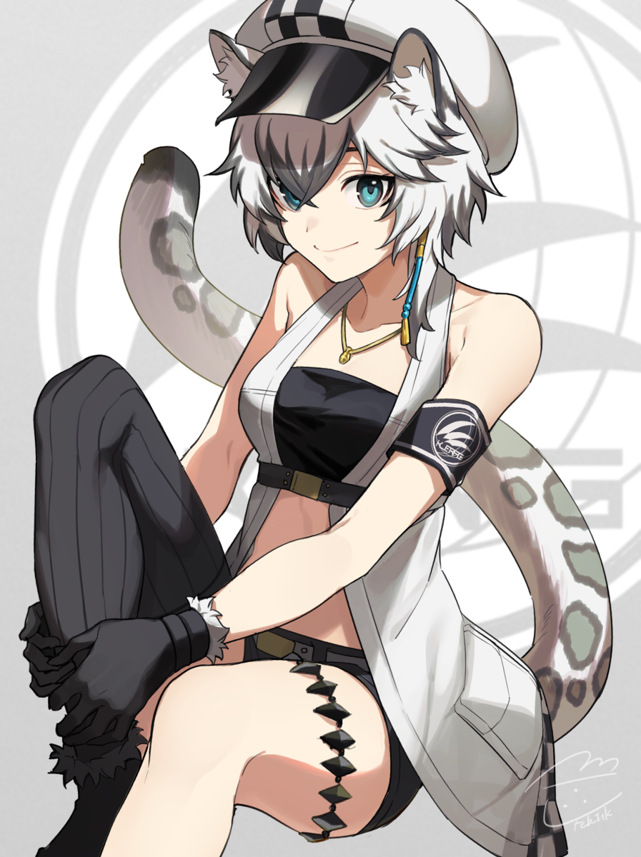 1girl, animal_ears, arknights, armband, bandeau, bare_arms, bare_shoulders, black_gloves