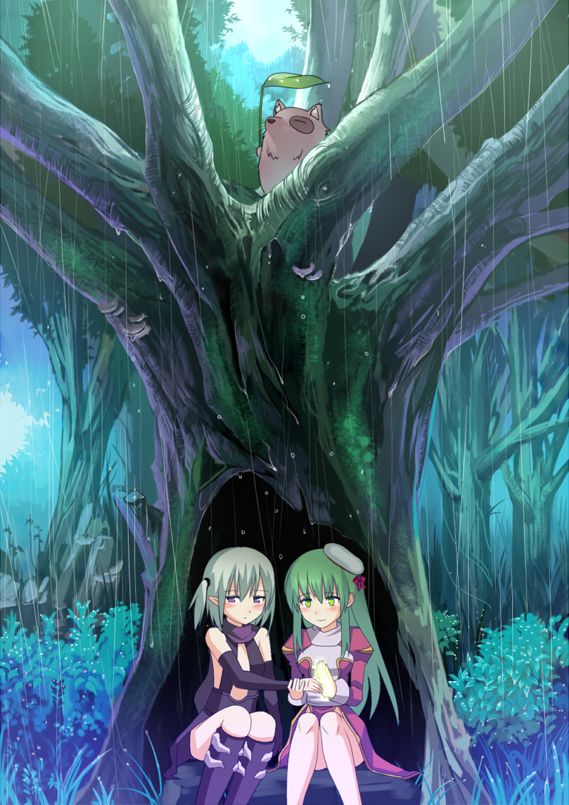 2girls, assassin_cross_(ragnarok_online), bangs, black_cape, black_gloves, black_legwear, black_shirt, blush