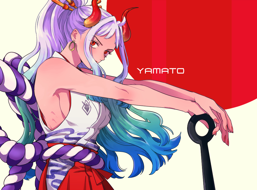 1girl, ahoge, bare_arms, bare_shoulders, blue_hair, breasts, character_name, closed_mouth, club, curled_horns, earrings, expressionless, fingernails, floating_hair, from_side, gradient_hair, green_hair, hair_ornament, hair_stick, hakama, hands_on_hilt, high_ponytail, horns, japanese_clothes, jewelry, kanabou, kataginu, long_hair, looking_at_viewer, medium_breasts, multicolored_hair, multicolored_horns, nail_polish, one_piece, oni, outstretched_arms, planted_weapon, purple_hair, red_eyes, red_horns, red_nails, ribs, rope, shimenawa, sideboob, solo, szk_(szkintama), upper_body, very_long_hair, weapon, yamato_(one_piece), yellow_horns