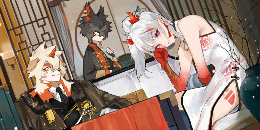 1girl, 2boys, aak_(arknights), aak_(doctor_of_faces)_(arknights), animal_ears, arknights, bangs, bare_shoulders, black_hair, black_jacket, black_neckwear, braid, cat_ears, china_dress, chinese_clothes, commentary_request, dress, dutch_angle, eyebrows_visible_through_hair, furry, hand_up, highres, horns, hung_(arknights), hung_(just_a_driver)_(arknights), ichigatsuai, jacket, long_hair, looking_at_viewer, multicolored_hair, multiple_boys, necktie, nian_(arknights), nian_(unfettered_freedom)_(arknights), open_clothes, open_jacket, pointy_ears, redhead, short_hair, silver_hair, sitting, sleeveless, sleeveless_dress, smile, streaked_hair, upper_body, violet_eyes, white_dress