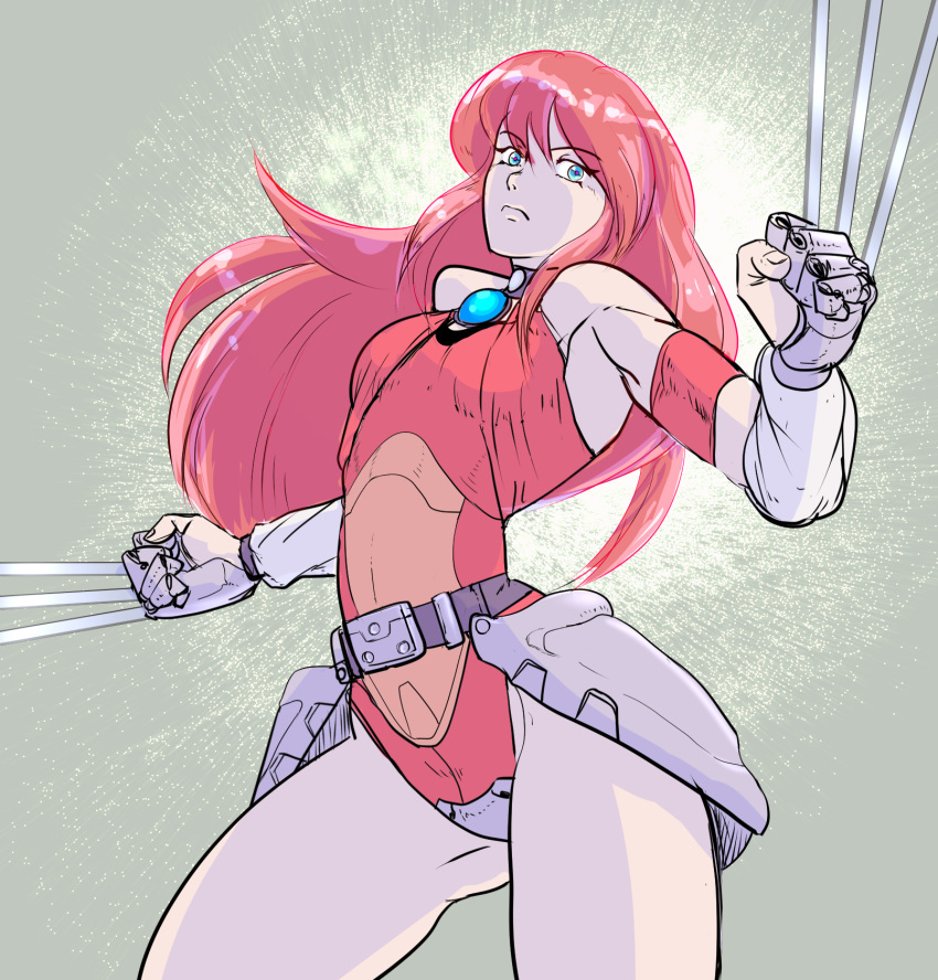 1girl, android, bb9_m, belt, blade, blue_eyes, bodysuit, choker