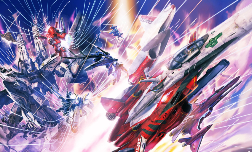 firing, gerwalk, gun, highres, holding, holding_gun, holding_weapon, looking_ahead, looking_down, macross, macross_frontier, macross_quarter, mecha, missile_pod, missiles, official_art, open_hand, queadluun-rea, science_fiction, shoulder_cannon, tenjin_hidetaka, vb-6_konig_monster, vf-25, vf-27, visor, weapon, yf-29