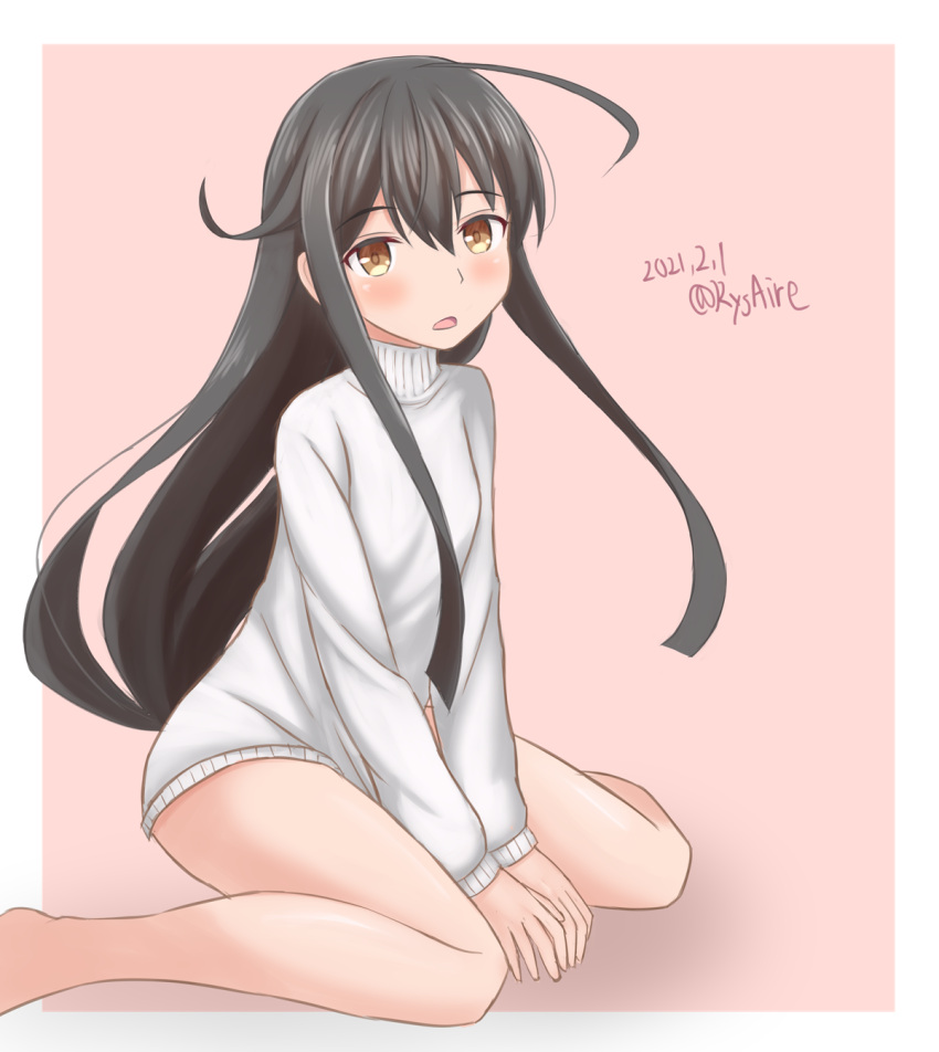 1girl, ahoge, ame-san, bare_legs, black_hair, dated, eyebrows_visible_through_hair, hair_between_eyes