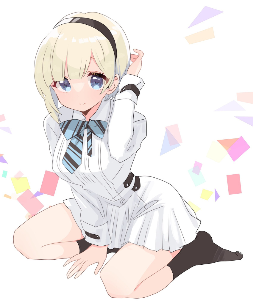 1girl, black_footwear, blonde_hair, blue_eyes, blue_neckwear, bow, bowtie, breasts