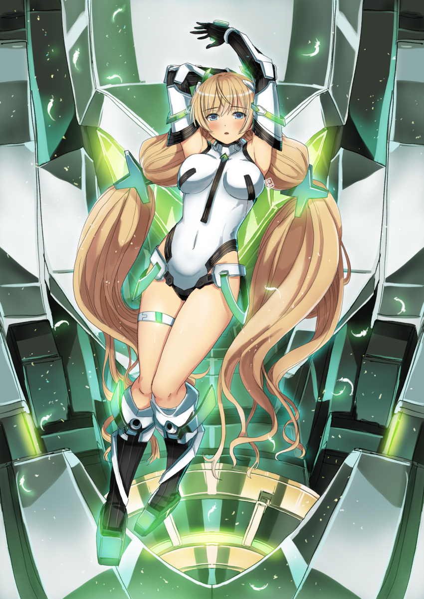 absurdres, angela_balzac, bangs, black_footwear, black_gloves, blue_eyes, blush, boots, breasts, deva_battle_suit, eyebrows_visible_through_hair, garimpeiro, gloves, glowing, highres, leotard, long_hair, looking_at_viewer, mecha, medium_breasts, new_arhan, open_mouth, pilot_suit, rakuen_tsuihou, science_fiction, skin_tight, thigh_strap, twintails, very_long_hair, visor
