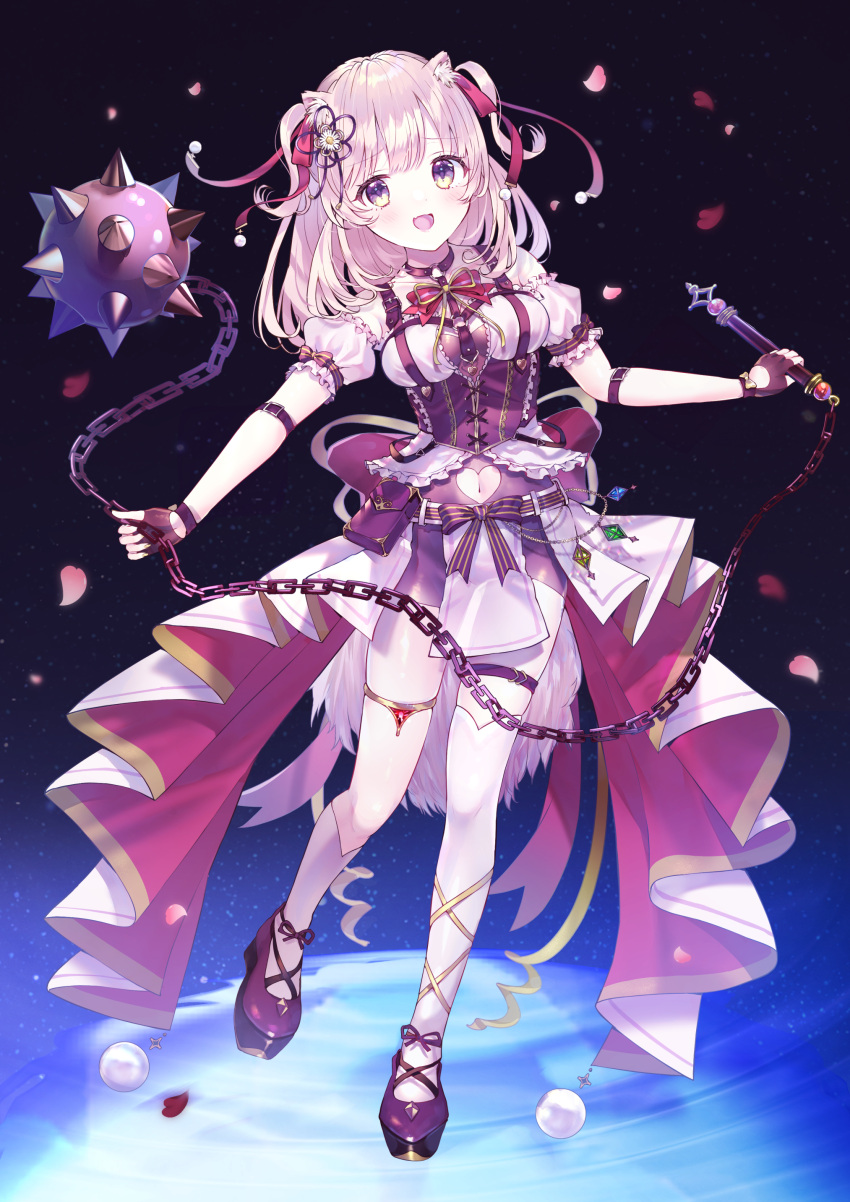 1girl, absurdres, animal_ear_fluff, animal_ears, arm_strap, ball_and_chain_(weapon), bangs, breasts