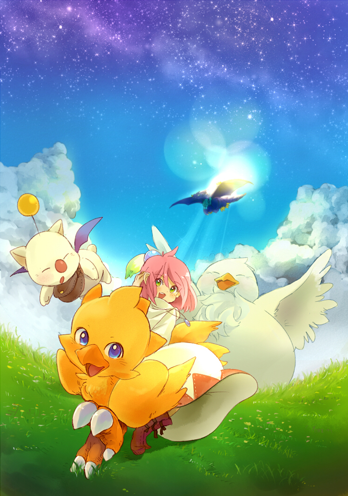 antenna, antennae, blue_eyes, boots, character_request, chocobo, chocobo_racing, cloud
