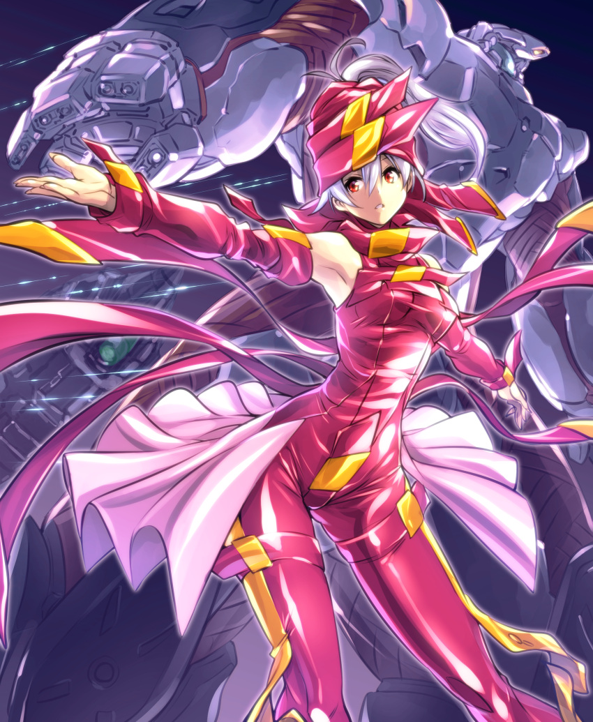 1girl, absurdres, armpits, bodysuit, breasts, detached_sleeves, floating, hair_between_eyes, highres, ishiyumi, looking_to_the_side, mecha, mugen_no_ryvius, neya_(mugen_no_ryvius), open_hands, pink_headwear, pink_skirt, red_eyes, ryvius, science_fiction, silver_hair, skirt, small_breasts, space_craft, tied_hair, visor, vital_guarder
