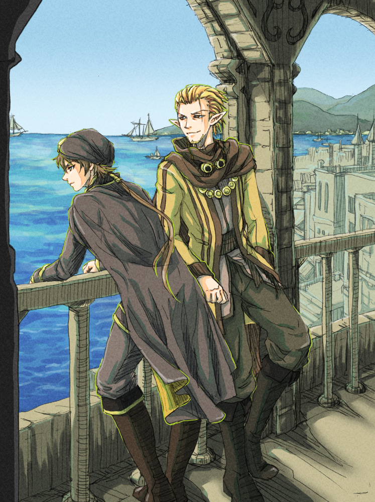 2boys, black_headwear, blonde_hair, boots, brown_hair, building, hand_on_hip, long_hair
