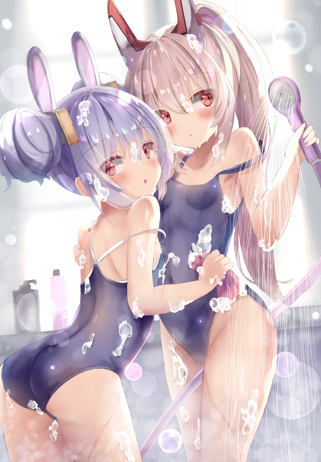 2girls, :o, animal_ears, ass, ayanami_(azur_lane), azur_lane, bangs, bare_arms, bare_shoulders, between_thighs, blue_swimsuit, blurry, blurry_background, blush, brown_hair, closed_mouth, commentary_request, depth_of_field, double_bun, eyebrows_visible_through_hair, groin, hair_between_eyes, hair_ornament, headgear, high_ponytail, highres, holding, indoors, laffey_(azur_lane), leaning_forward, long_hair, looking_at_viewer, looking_back, multiple_girls, natuna_natu, one-piece_swimsuit, parted_lips, ponytail, rabbit_ears, red_eyes, shower_head, silver_hair, soap_bubbles, sponge, standing, strap_slip, swimsuit, very_long_hair, window